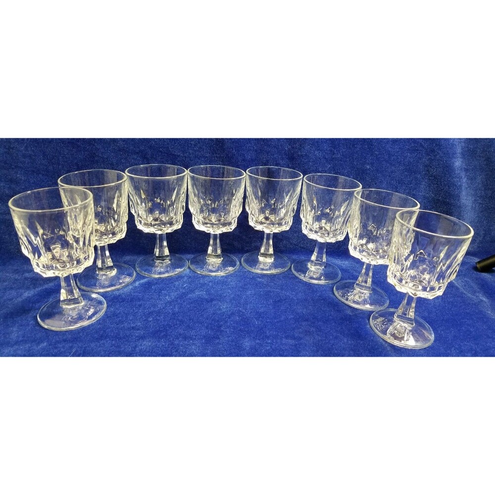 Set of 8 Arcoroc France Crystal Clear Cut Glass Stemmed Wine Goblets 4.75"